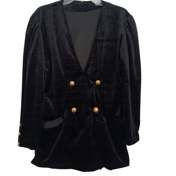 Velvet Jacket BLACK Blazer GOLD BUTTONS Deep V-neck Front Puff Shoulders Pockets - Picture 1 of 16